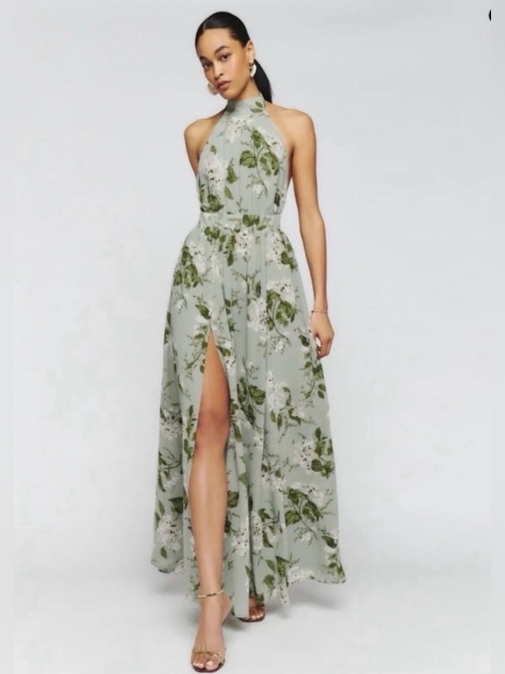 Reformation Floral Halter Maxi Dress in Sage Green